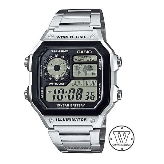 Casio AE-1200WHD-1A Steel Bracelet World Time World Map 10 Years Battery Life Digital Watch ae1200