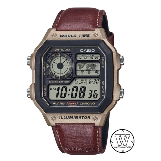 Casio AE-1200WHL-5A Leather Strap World Time World Map 10 Years Battery Life Digital Mens Watch ae1200 ae-1200