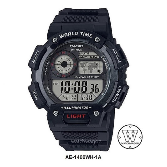 Casio AE-1400WH-1A Digital Gents Watch Black Resin Strap 10 Years Battery Life ae-1400 ae1400