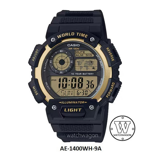 Casio AE-1400WH-9A Black Resin Band Gold Tone Bezel Digital Mens Watch 10 Years Battery Life ae-1400 ae1400