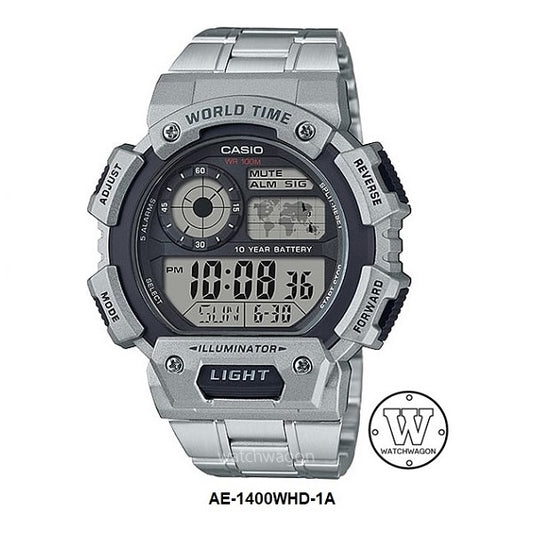 Casio AE-1400WHD-1A Digital Gents Watch Stainless Steel Bracelet 10 Years Battery Life  AE-1400WH  AE1400