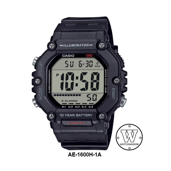 Casio AE-1600H-1A Black Resin Band 10-Years Battery-Life Large Display Digital Sports Watch ae-1600 ae1600