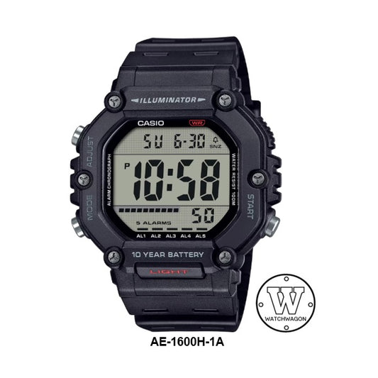 Casio AE-1600H-1A Black Resin Band 10-Years Battery-Life Large Display Digital Sports Watch ae-1600 ae1600