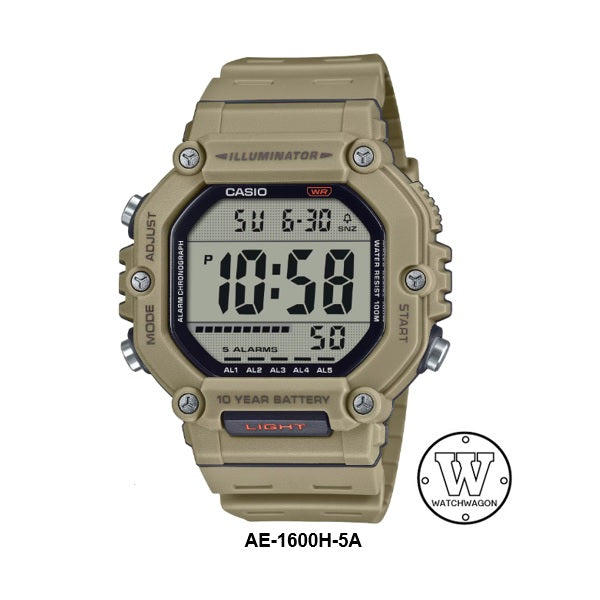 Casio AE-1600H-5A Khaki Brown Resin Band 10-Years Battery-Life Large Display Digital Sports Watch ae-1600 ae1600