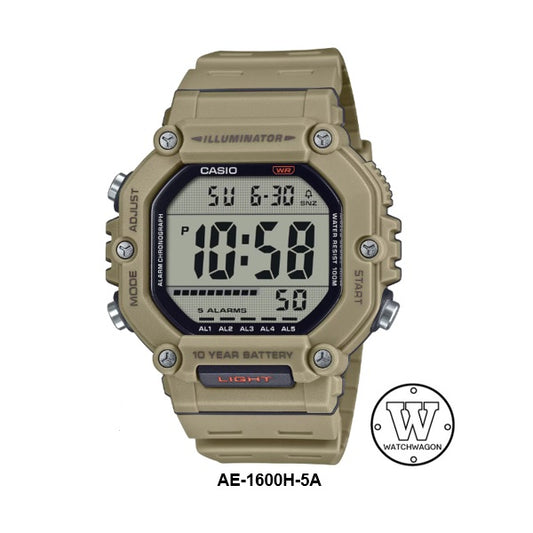 Casio AE-1600H-5A Khaki Brown Resin Band 10-Years Battery-Life Large Display Digital Sports Watch ae-1600 ae1600