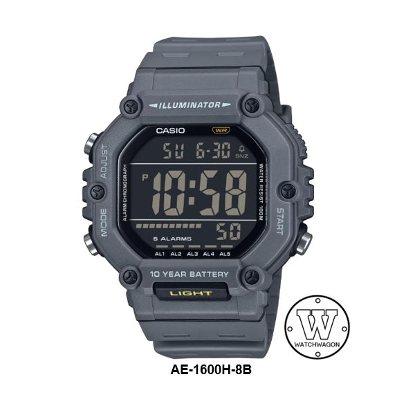Casio AE-1600H-8B Grey Resin Band 10-Years Battery-Life Large Display Digital Sports Watch ae-1600 ae1600