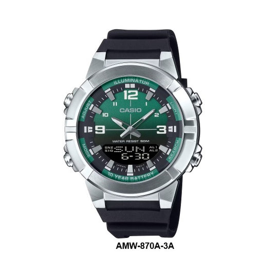 Casio AMW-870A-3A Full-Metal Case and Bezel Green Dial Analog Digital Watch 10-Years Battery-Life