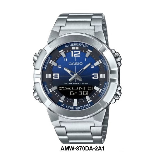 Casio AMW-870DA-2A1 Full-Metal Case and Bezel Steel Bracelet Dark Blue Dial Analog Digital Watch 10-Years Battery-Life