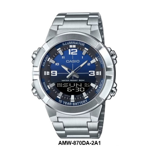 Casio AMW-870DA-2A1 Full-Metal Case and Bezel Steel Bracelet Dark Blue Dial Analog Digital Watch 10-Years Battery-Life