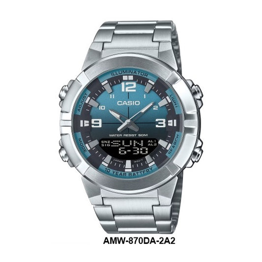 Casio AMW-870DA-2A2 Full-Metal Case and Bezel Steel Bracelet Light Blue Dial Analog Digital Watch 10-Years Battery-Life