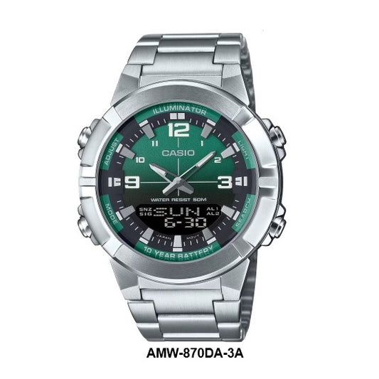 Casio AMW-870DA-3A Full-Metal Case and Bezel Steel Bracelet Green Dial Analog Digital Watch 10-Years Battery-Life