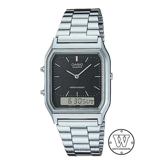 Casio AQ-230A-1D Vintage Retro Stainless Steel Black Dial Analog Digital Watch AQ230A AQ-230 AQ-230A-1