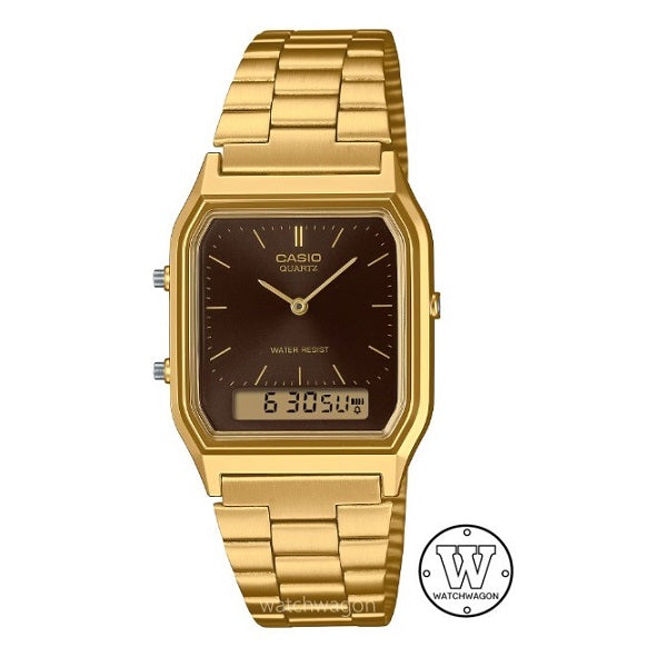 Casio AQ-230GA-5A Gold Tone Case Brown Dial Vintage Dual Time Analog Digital Quartz 100M Men's Watch AQ-230