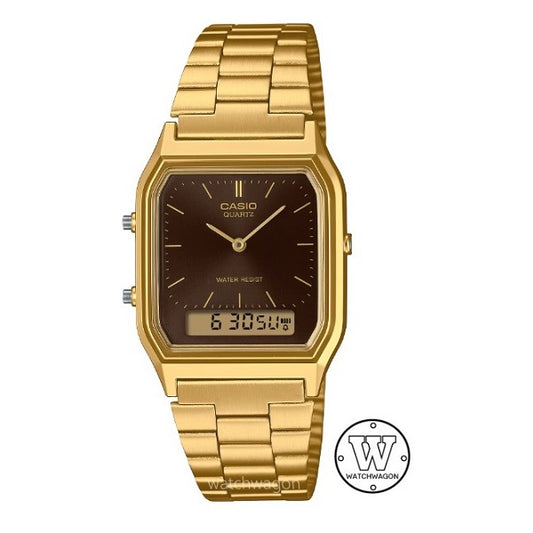 Casio AQ-230GA-5A Gold Tone Case Brown Dial Vintage Dual Time Analog Digital Quartz 100M Men's Watch AQ-230