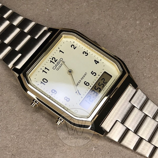 Casio AQ-230GA-9B Vintage Series Standard Analog Digital Gold Stainless Steel Band Watch AQ-230 AQ230 Case Width 29.8mm