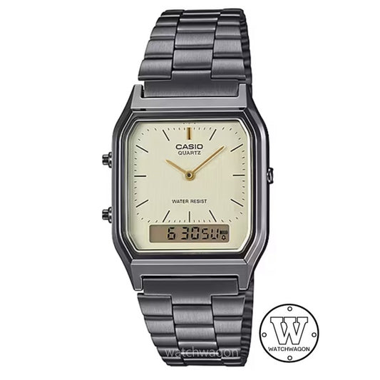 Casio AQ-230GG-9A Faint Gold Dial Gray Ion-Plated Steel Strap Ana-Digi Men Watch AQ230GG-9A AQ-230 Case Width 29.8mm