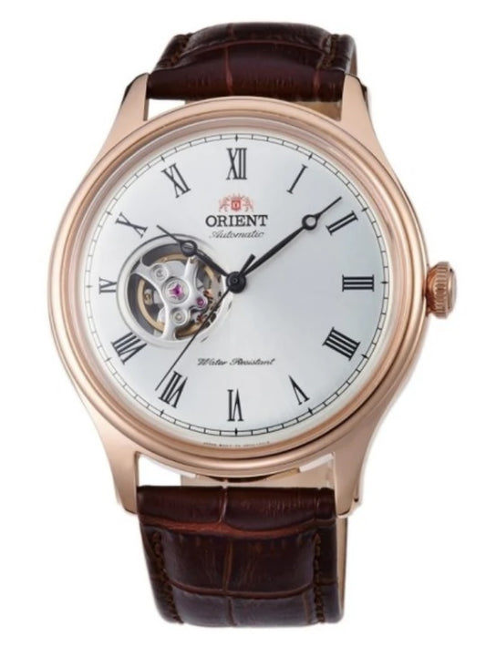 Orient FAG00001S0 Automatic Watch Brown Leather Open Heart Dial Rose Gold Case Formal Dress Watch Case Size 43mm