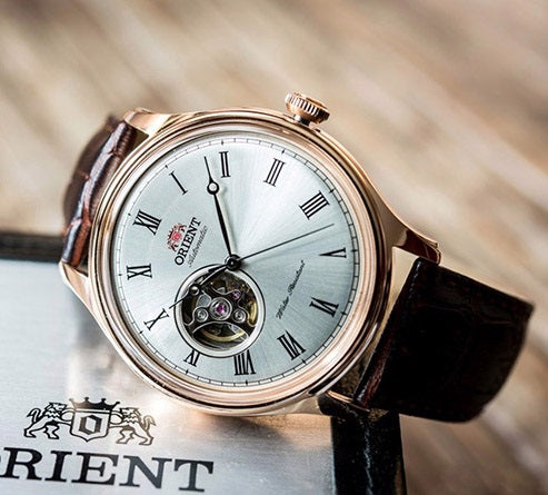 Orient FAG00001S0 Automatic Watch Brown Leather Open Heart Dial Rose Gold Case Formal Dress Watch Case Size 43mm