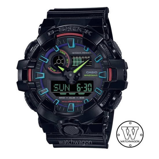 Casio G-Shock GA-700RGB-1A Virtual Rainbow Series Analog Digital Gents Watch Black Glossy Resin Band ga-700 ga700