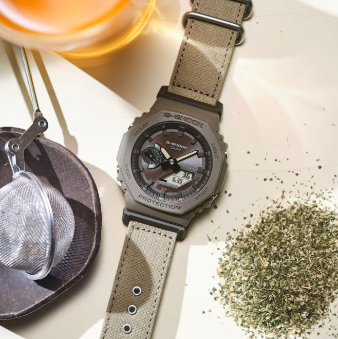 Casio G-Shock GA-B2100CT-5A Brown Cotton Cloth Band Brown Bezel Tough Solar Bluetooth Smart Link Analog Digital Gents Watch ga-b2100