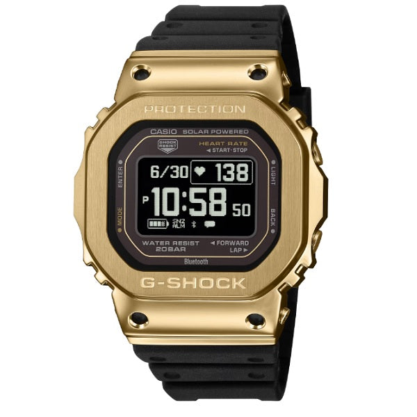 Casio G-Shock GM-H5600G-9 Gold Tone Metal Bezel Heart Rate Monitor Step Counter Bluetooth Solar Powered Cable Charging Smartphone Connectivity Resin Band Digital Watch gm-h5600