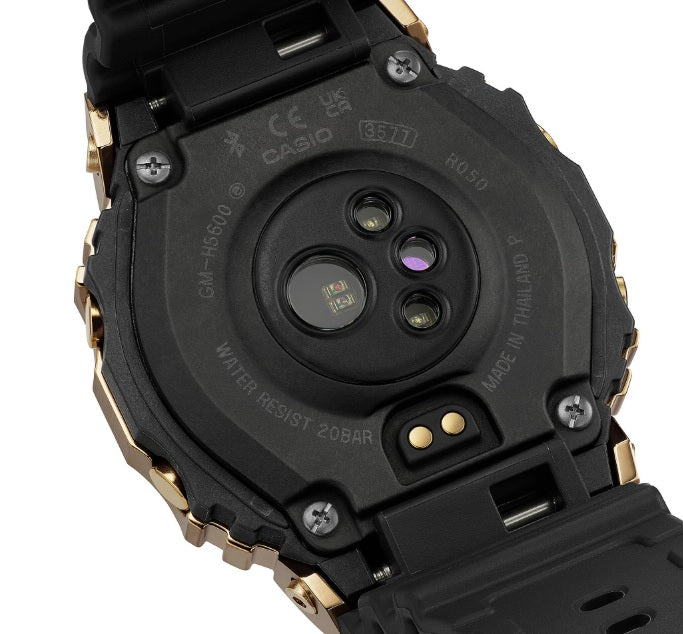 Casio G-Shock GM-H5600G-9 Gold Tone Metal Bezel Heart Rate Monitor Step Counter Bluetooth Solar Powered Cable Charging Smartphone Connectivity Resin Band Digital Watch gm-h5600