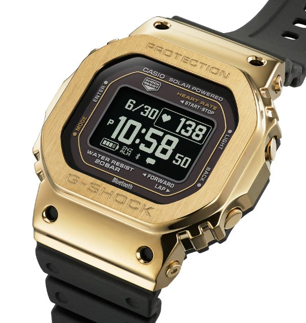 Casio G-Shock GM-H5600G-9 Gold Tone Metal Bezel Heart Rate Monitor Step Counter Bluetooth Solar Powered Cable Charging Smartphone Connectivity Resin Band Digital Watch gm-h5600
