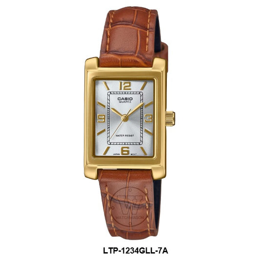 Casio LTP-1234GLL-7A Silver Dial Gold Markers Brown Leather Band Small Analog Quartz Ladies Dress Watch