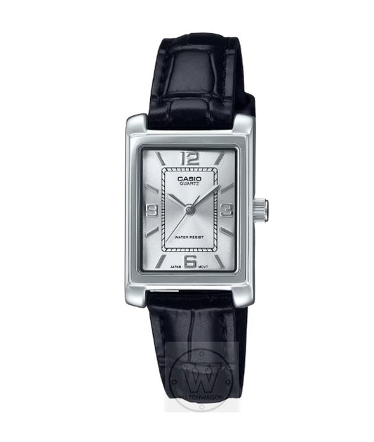 Casio LTP-1234LL-7A Silver Dial Black Leather Band Small Analog Quartz Ladies Dress Watch