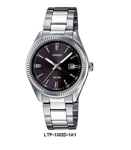 Casio LTP-1302D-1A1 Black Dial Ladies Analog Quartz Watch Steel Bracelet Date