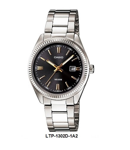 Casio LTP-1302D-1A2 Black Dial Gold Markers Ladies Analog Quartz Watch Steel Bracelet Date