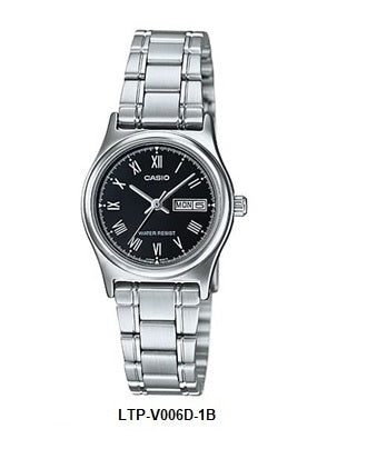 Casio LTP-V006D-1B Black Dial Ladies Quartz Watch Steel Bracelet Day Date Display