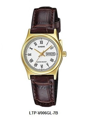 Casio LTP-V006GL-7B White Dial Brown Leather Strap Gold Tone Case Ladies Quartz Watch Day Date Display