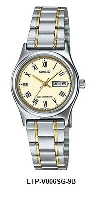 Casio LTP-V006SG-9B Two Tone Gold Dial Ion-Plated Ladies Quartz Watch Steel Bracelet Day Date Display