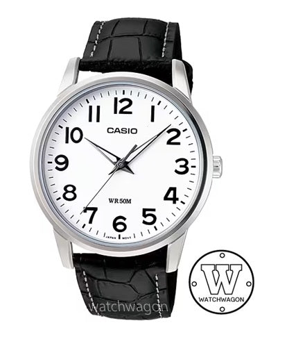 Casio MTP-1303L-7B White Dial Black Leather Strap Analog Quartz Gents Dress Watch mtp-1303