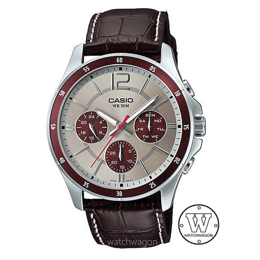 Casio MTP-1374L-7A1 Brownish Silver Dial Brown Bezel Analog Quartz Gents Watch Brown Leather Band