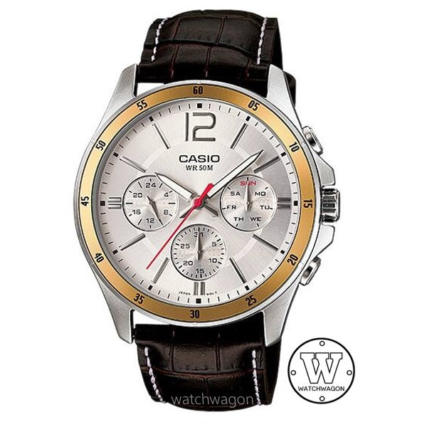 Casio MTP-1374L-7A Silver Dial Gold Bezel Analog Quartz Gents Watch Brown Leather Band