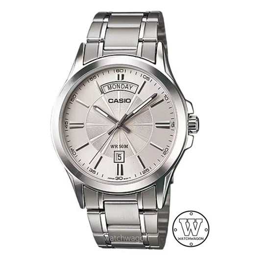 Casio MTP-1381D-7A Silverish White Dial Analog Display Day Date Steel Bracelet Case Width 39.9 mm mtp-1381