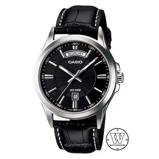 Casio MTP-1381L-1A Black Dial Analog Display Day Date Leather Band Case Width 39.9 mm mtp-1381