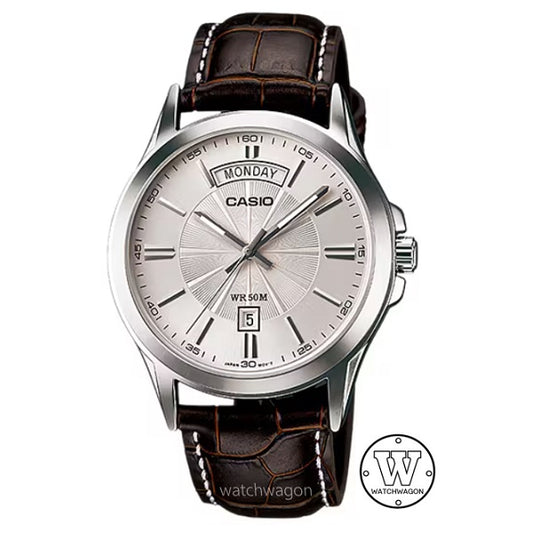 Casio MTP-1381L-7A Siverish white Dial Analog Display Day Date Leather Band Case Width 39.9 mm mtp-1381