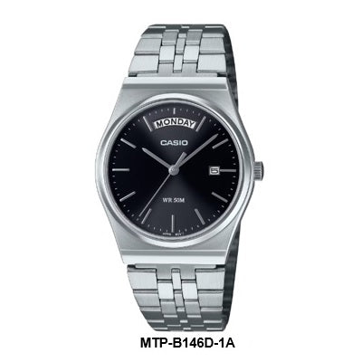 Casio MTP-B146D-1A Black Dial Mid-Size Gents Quartz Watch Steel Bracelet
