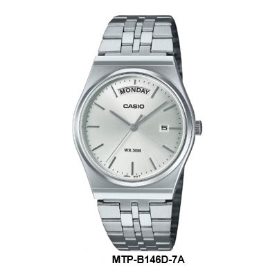 Casio MTP-B146D-7A Silver Dial Mid-Size Gents Quartz Watch Steel Bracelet
