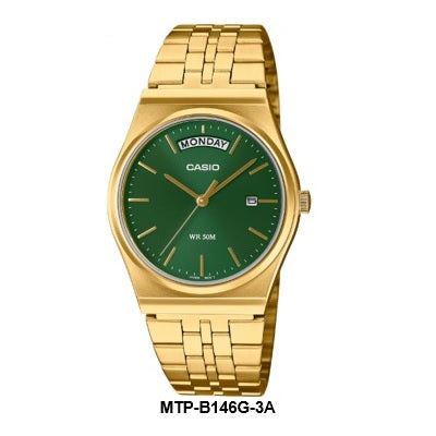 Casio MTP-B146G-3A Green Dial Gold-Tone Mid-Size Gents Quartz Watch Steel Bracelet