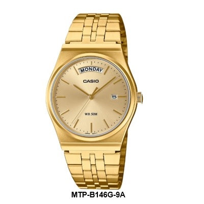 Casio MTP-B146G-9A Gold Dial Gold-Tone Mid-Size Gents Quartz Watch Steel Bracelet
