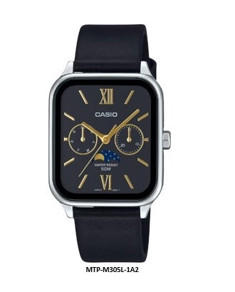 Casio MTP-M305L-1A2 Black Leather Band Moon Phase Analog Quartz Unisex Watch