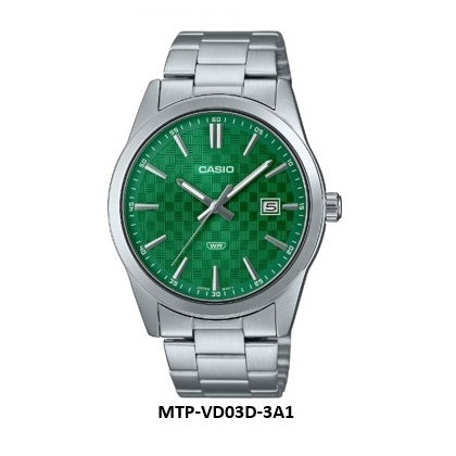 Casio MTP-VD03D-3A1 Green Dial Minimalist Analog Gents Quartz Watch Stainless Steel Band