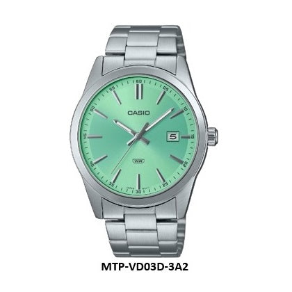 Casio MTP-VD03D-3A2 Green Dial Minimalist Analog Gents Quartz Watch Stainless Steel Band
