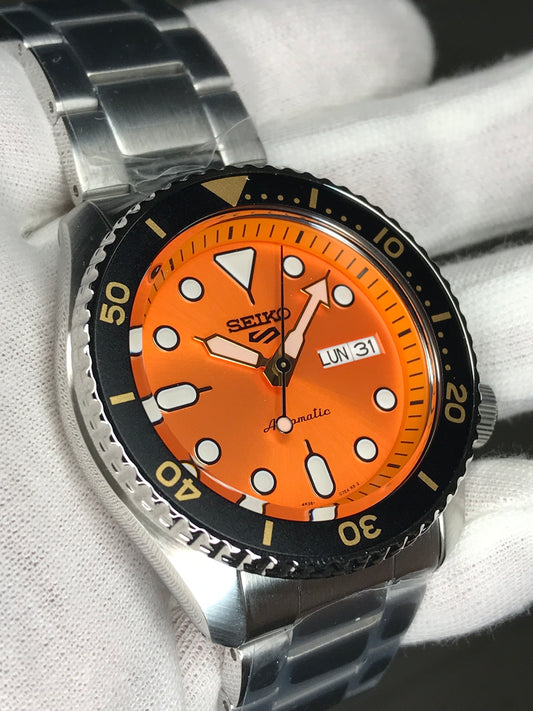 Seiko 5 Sports SRPD59K1 Automatic 100m Water Resistant Orange Dial Black Bezel Gents Sports Watch SRPD59