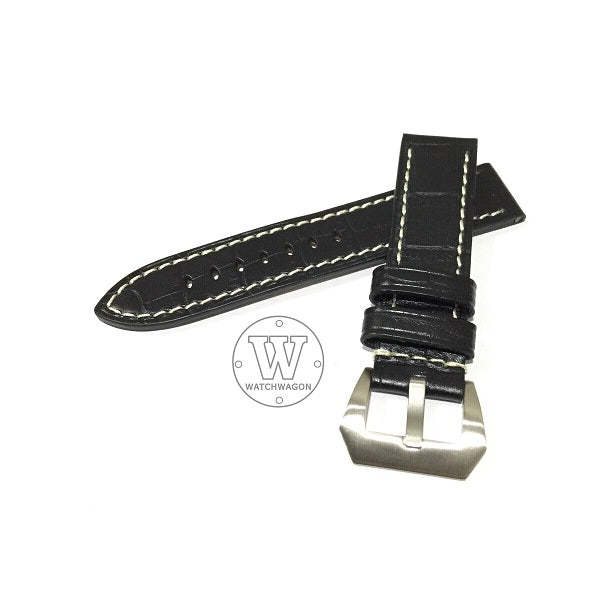PAROS (Type B - Black) Genuine Calf Leather Black with White Stitch Watch Strap