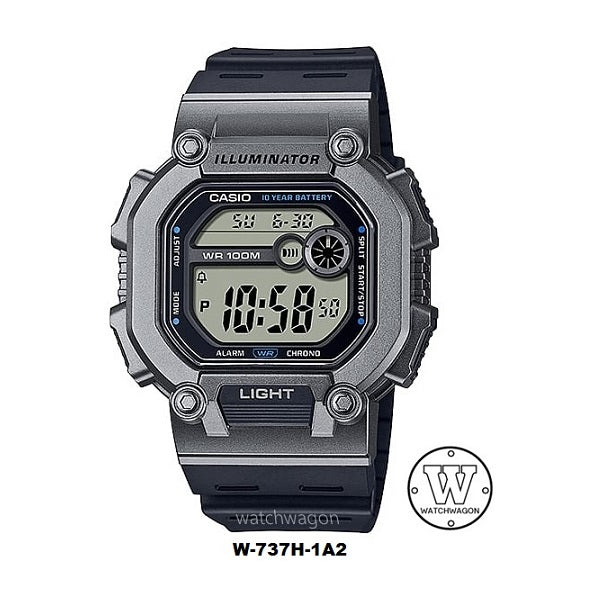 Casio W-737H-1A2 Digital Sports Watch 10 Years Battery Life Silver Bezel Black Resin Band  w737h w-737h-1a2vdf w-737